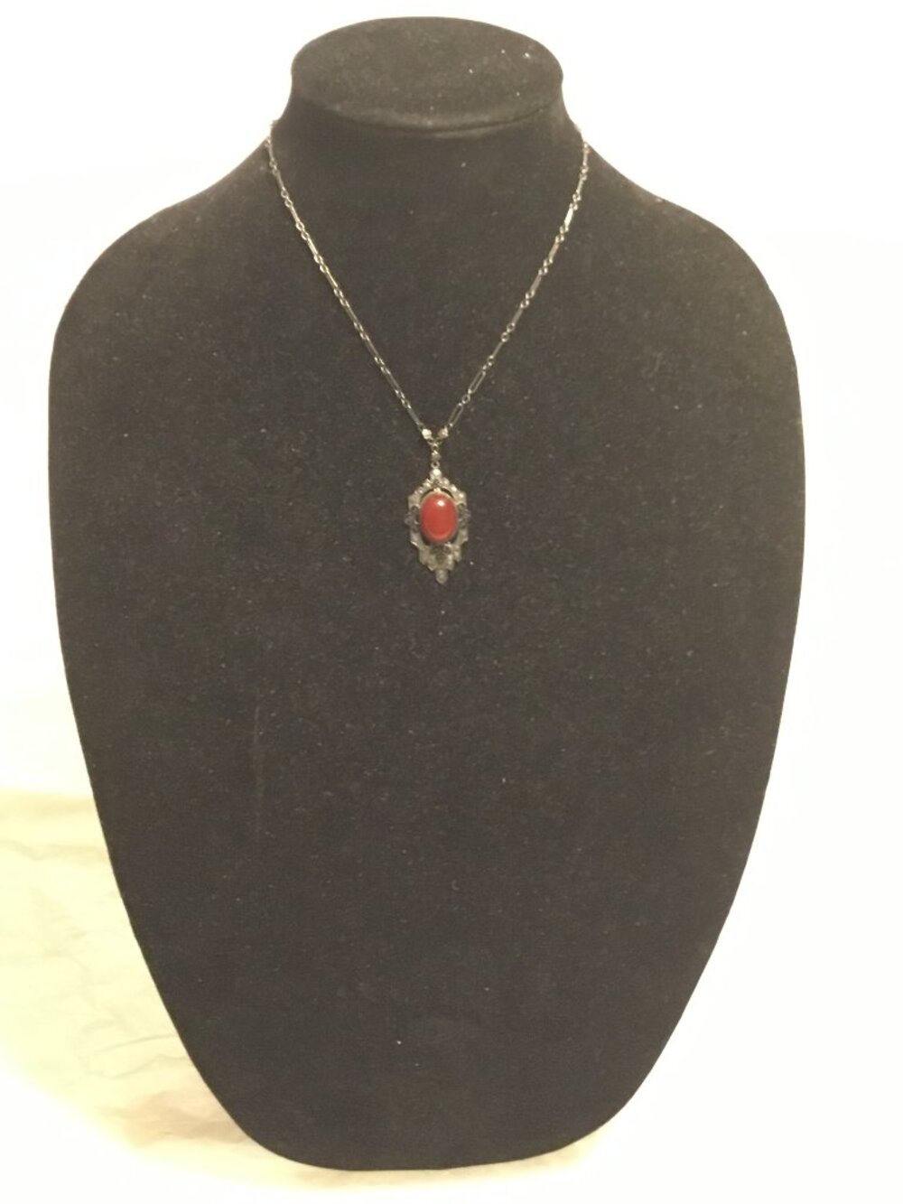 Vintage sterling silver, Marcasites and Cornelian necklace